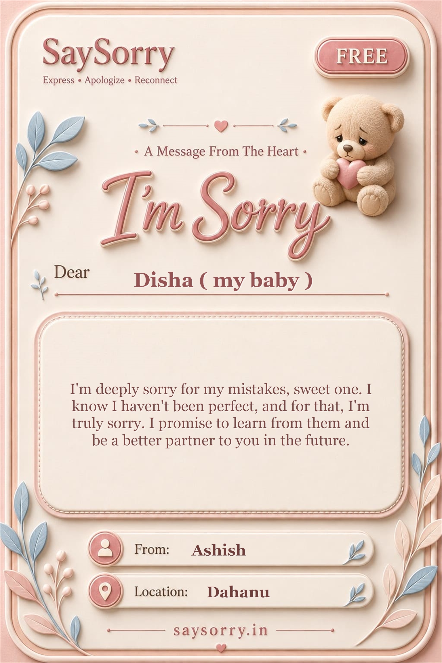 Free personalised sorry card image for Disha ( my baby ) with a heartfelt apology message