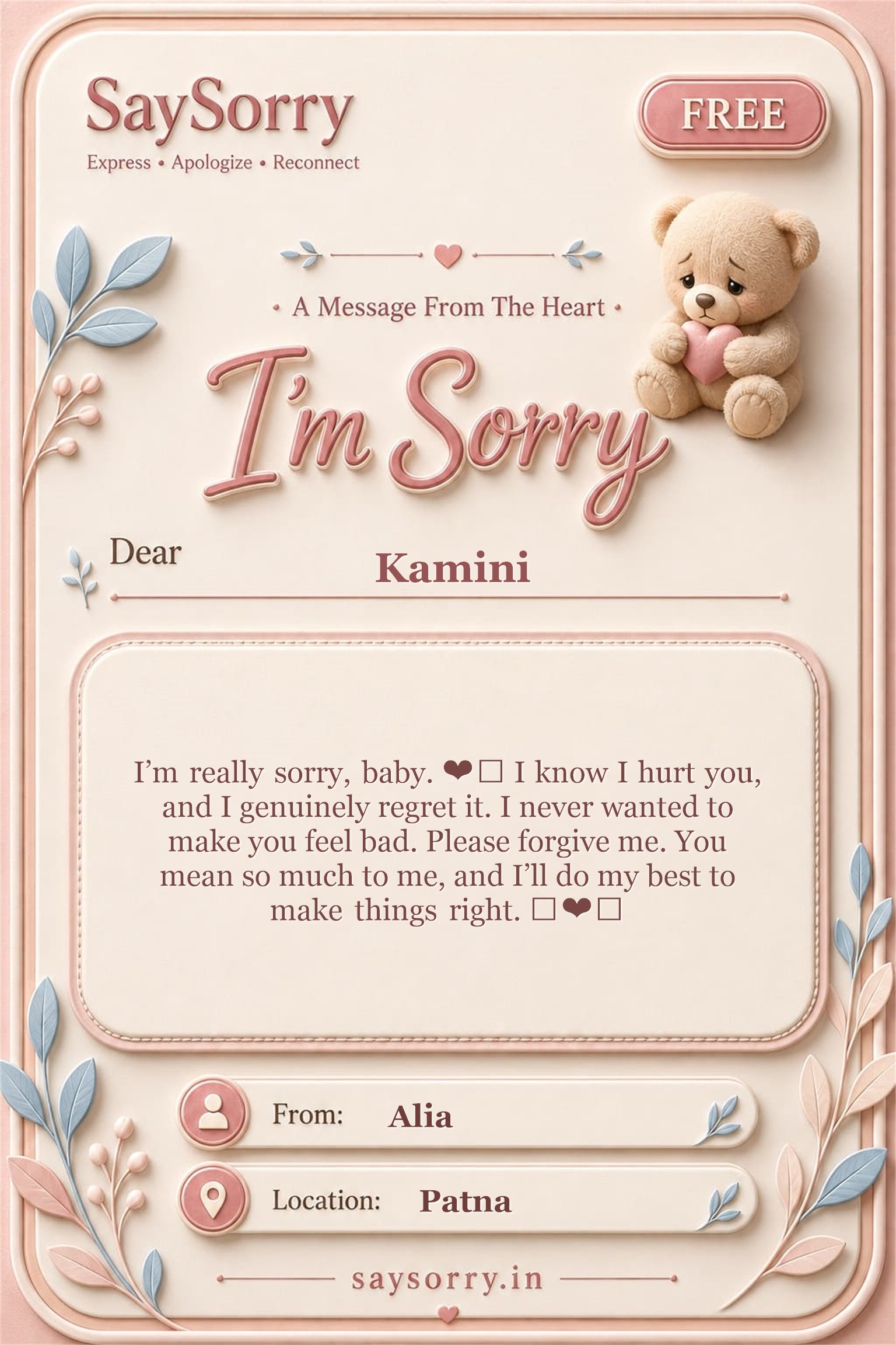 Free personalised sorry card image for Kamini with a heartfelt apology message