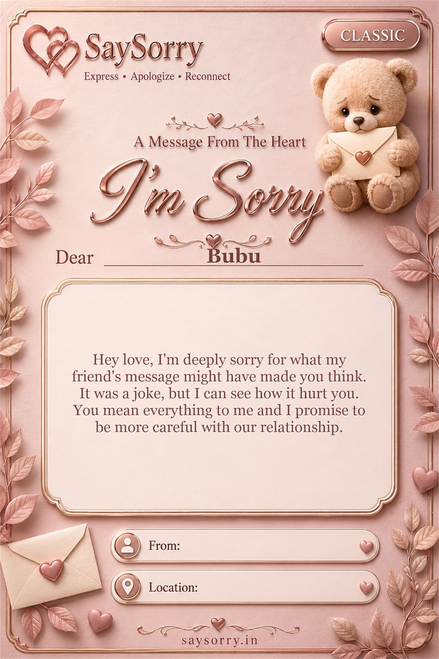 Classic personalised sorry card image for Bubu with a heartfelt apology message