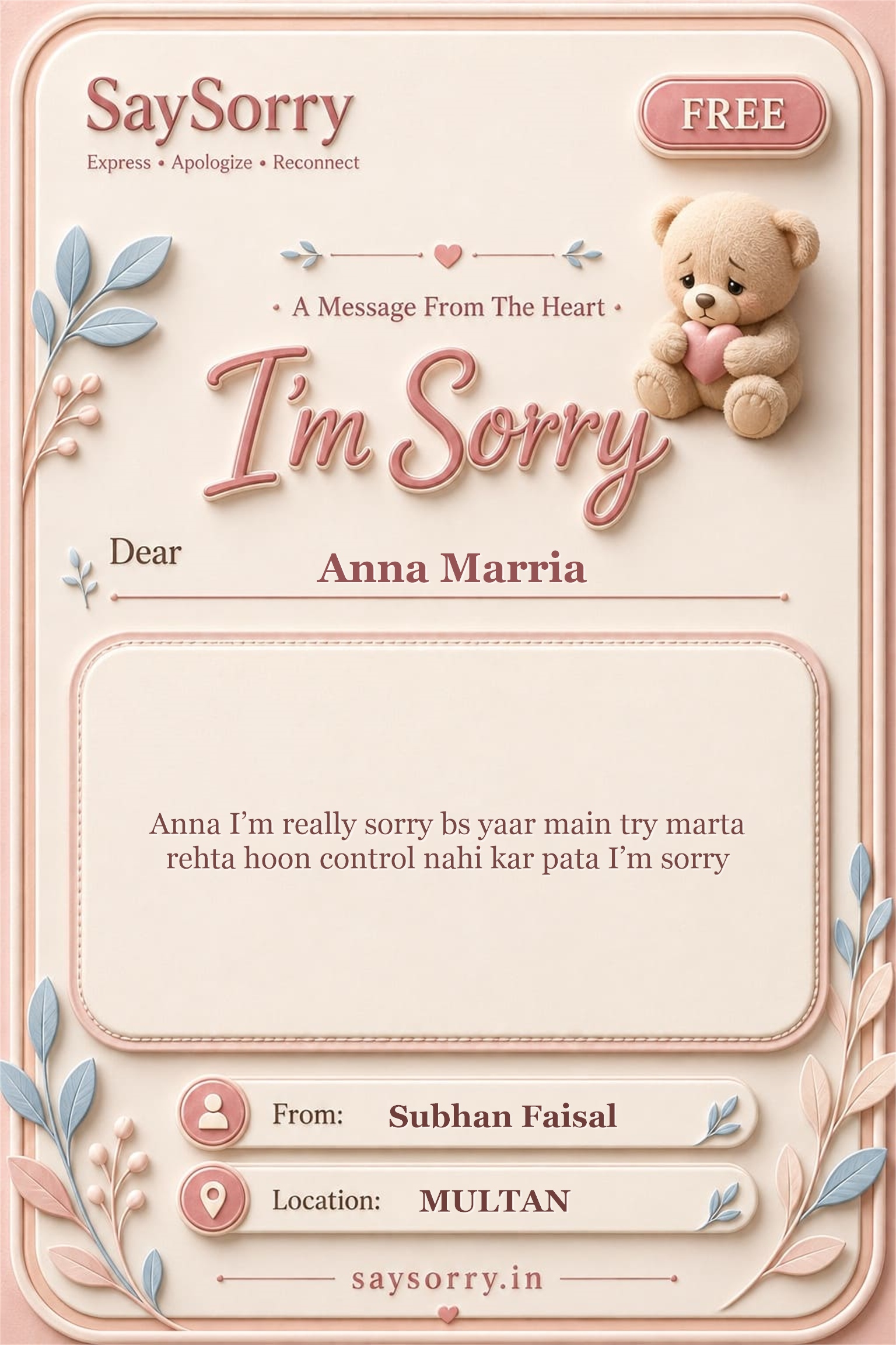 Free personalised sorry card image for Anna Marria with a heartfelt apology message