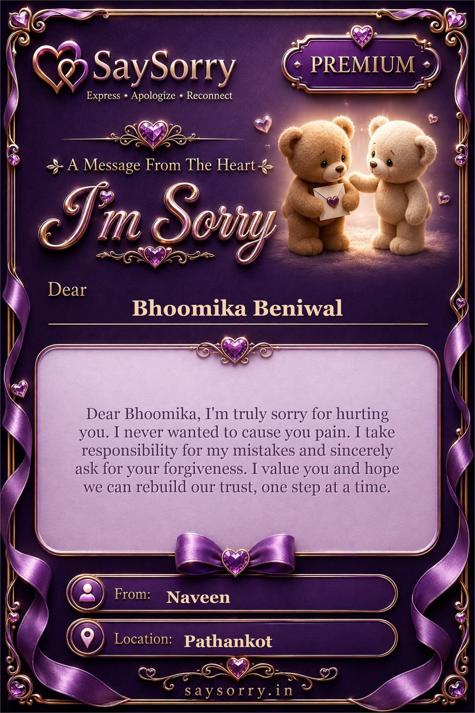 Premium personalised sorry card image for Bhoomika Beniwal with a heartfelt apology message