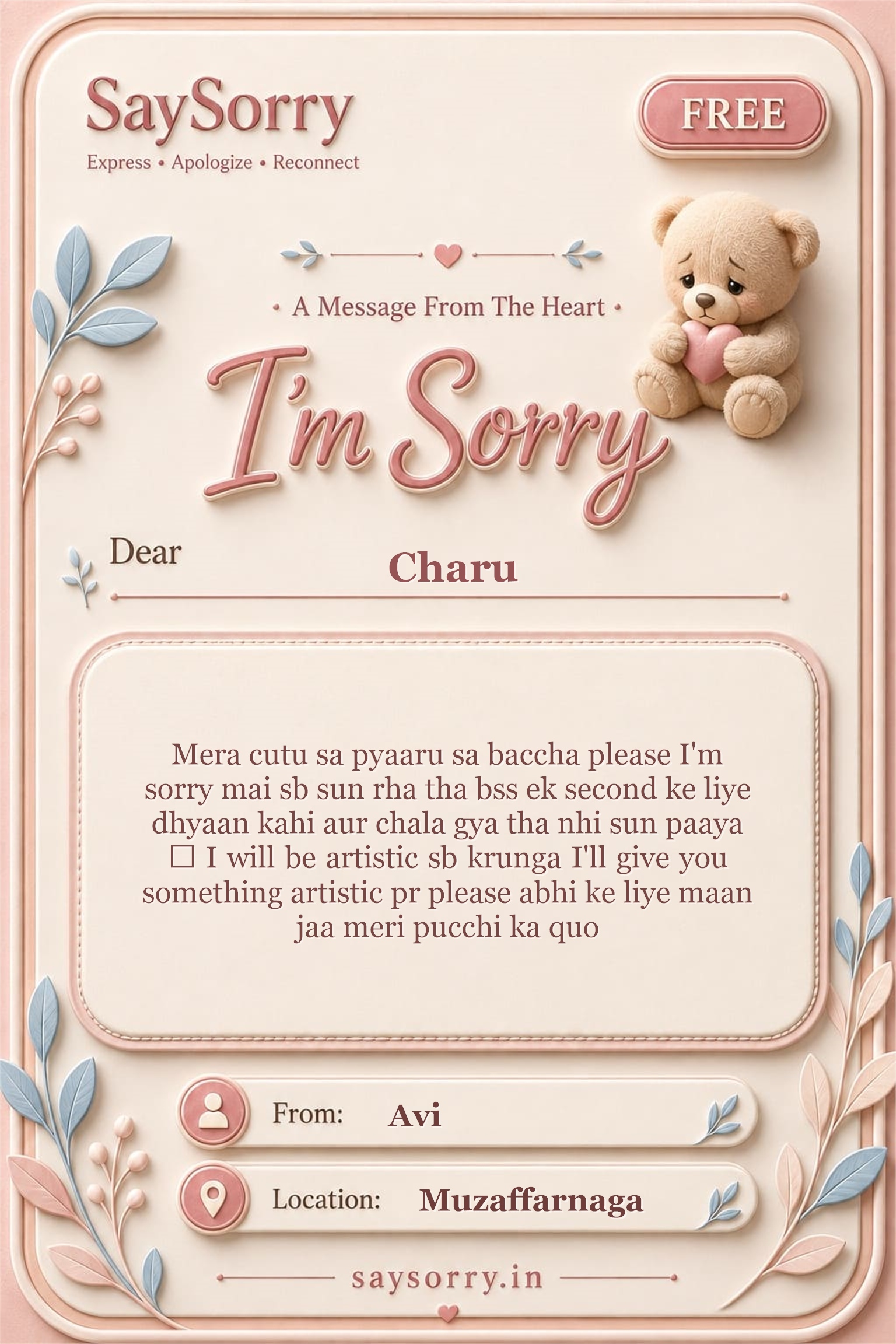 Free personalised sorry card image for Charu with a heartfelt apology message