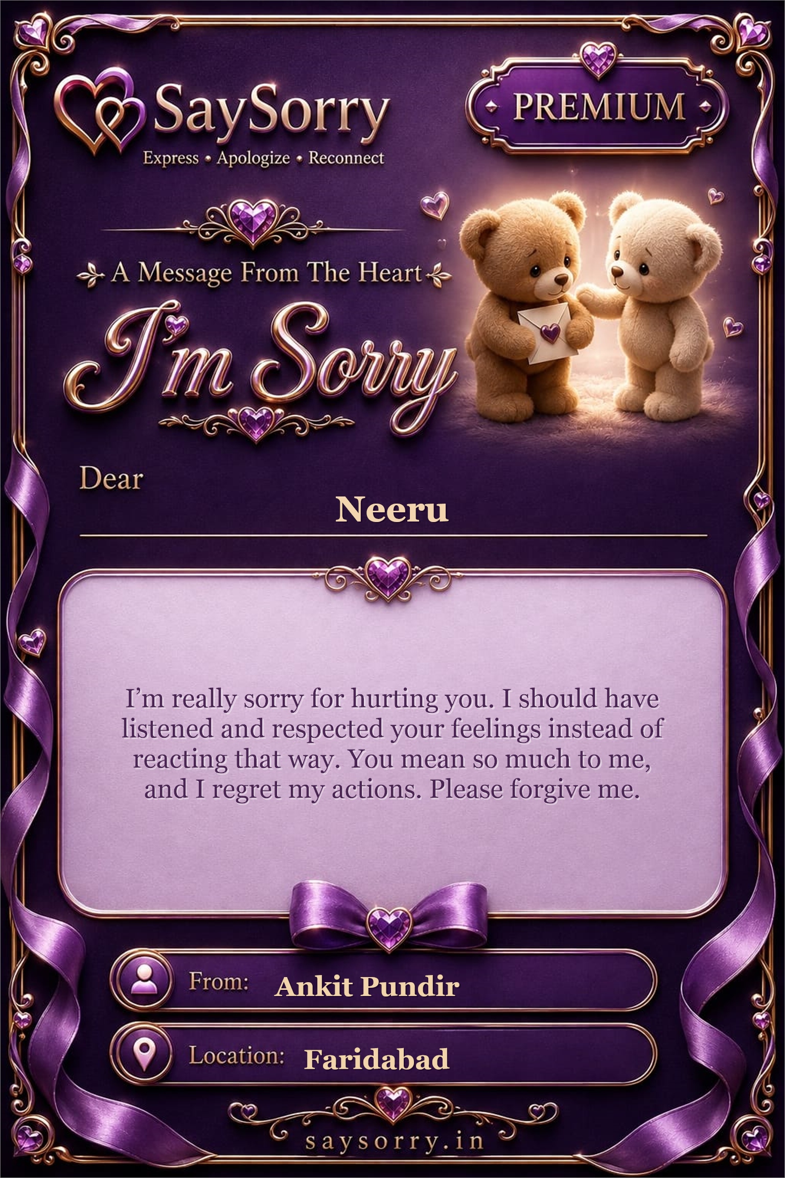 Premium personalised sorry card image for Neeru with a heartfelt apology message