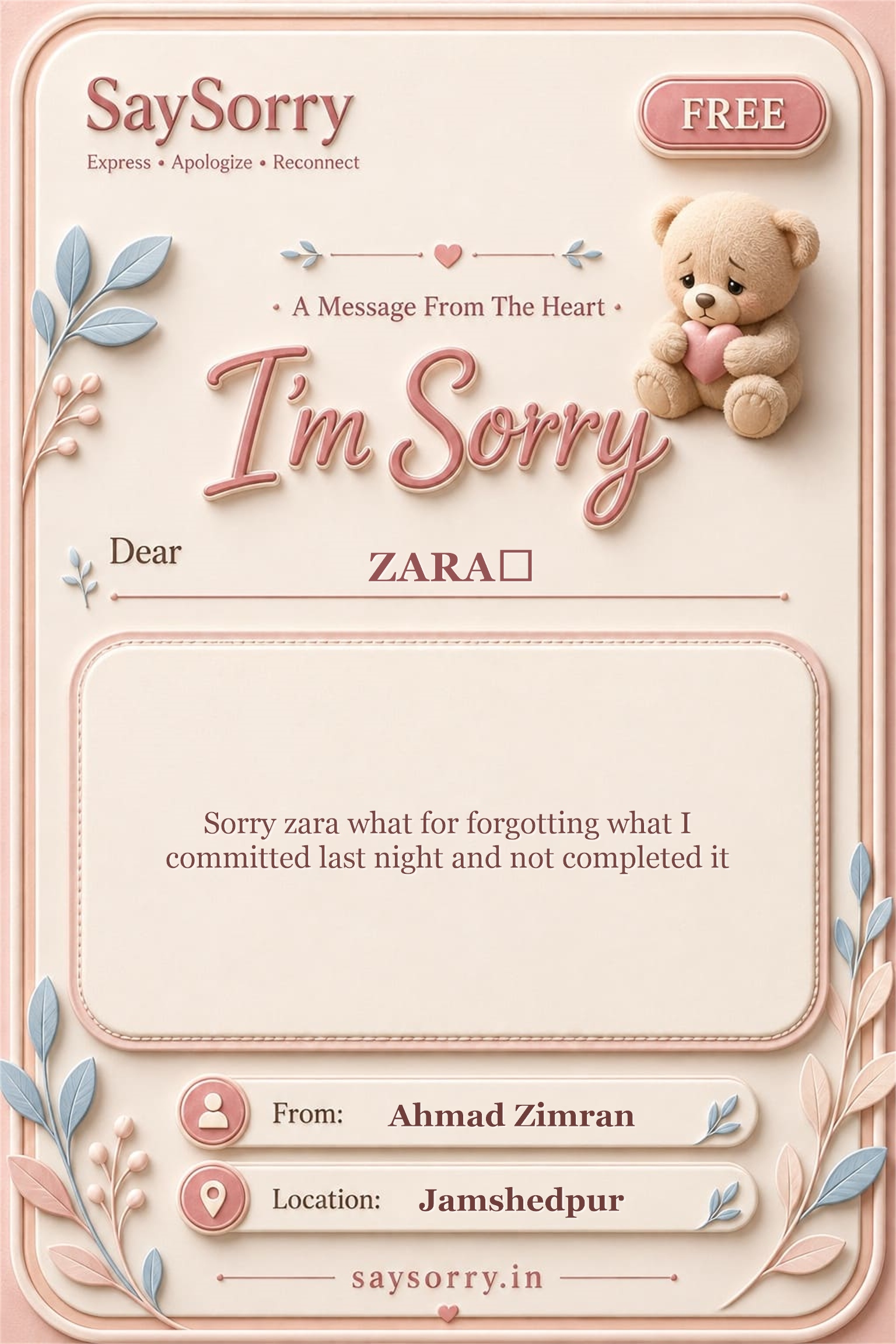 Free personalised sorry card image for ZARA🫀 with a heartfelt apology message