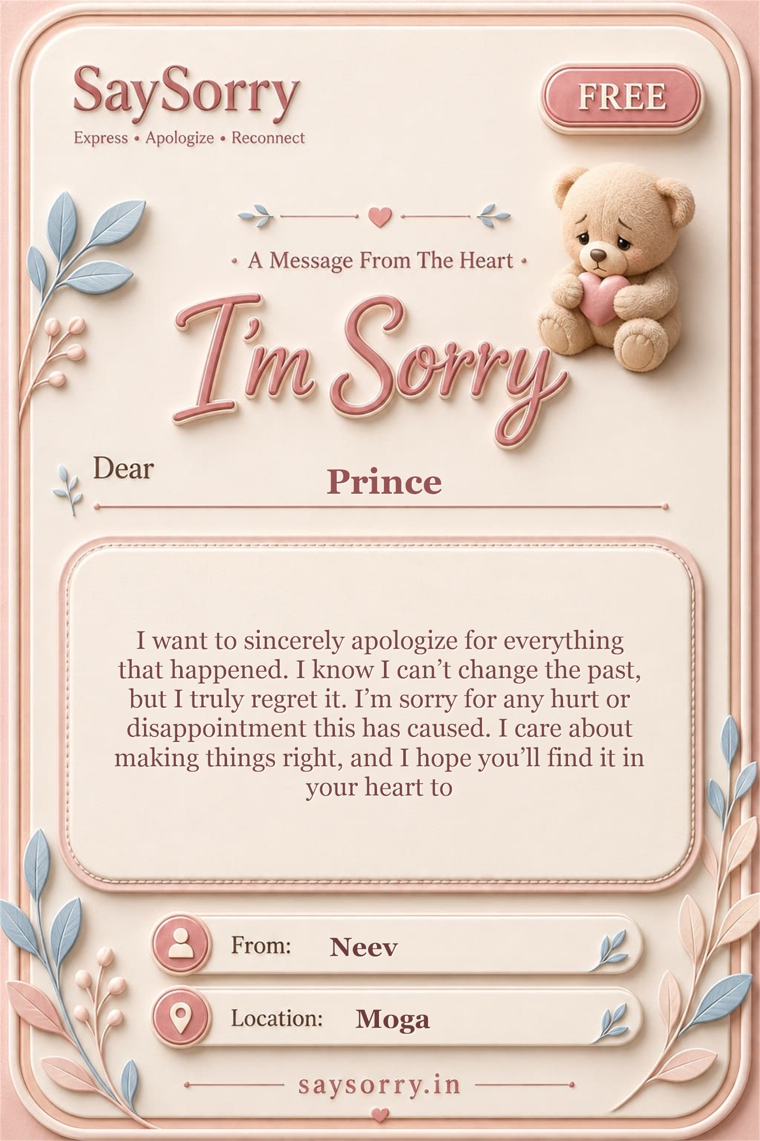 Free personalised sorry card image for Prince with a heartfelt apology message