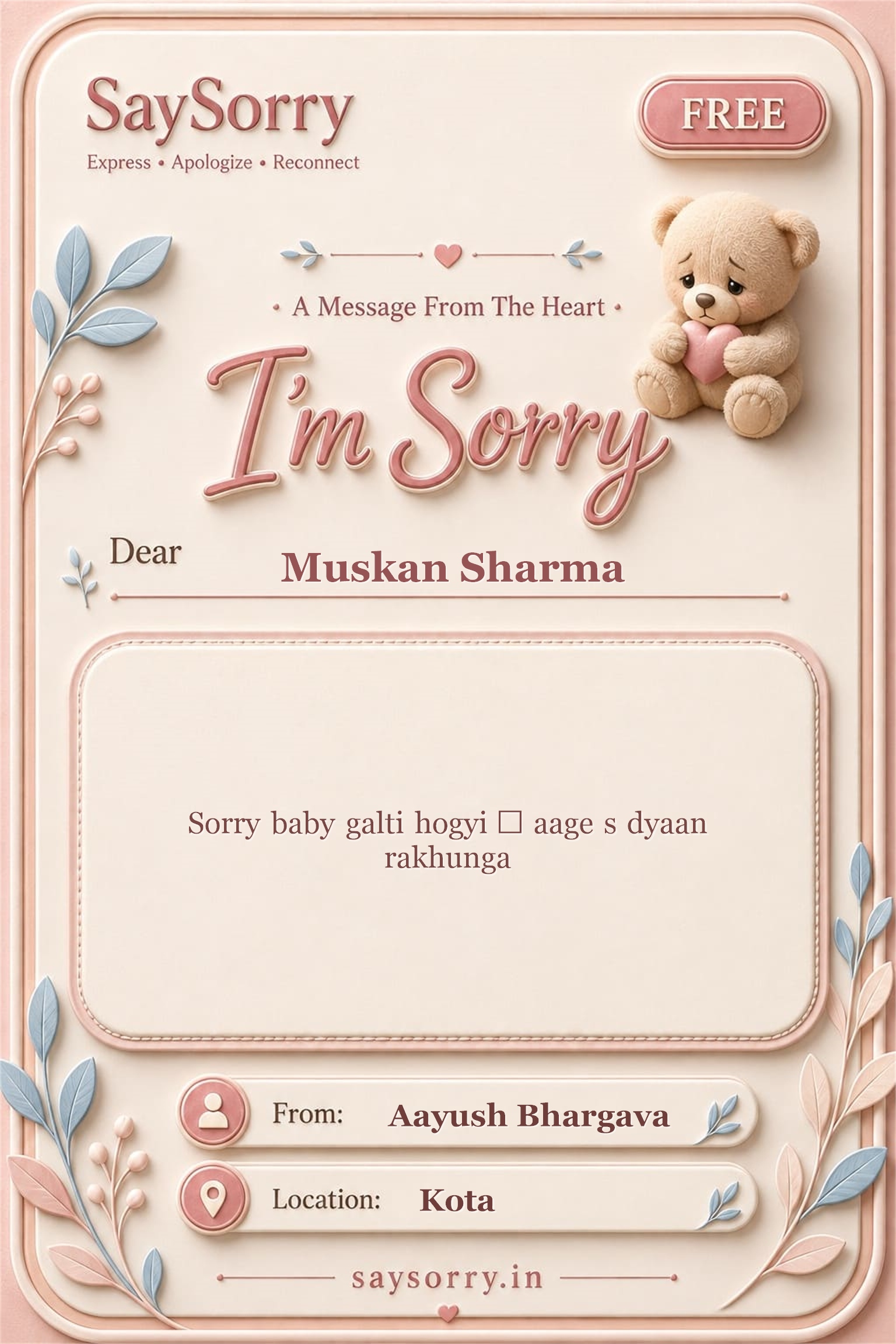 Free personalised sorry card image for Muskan Sharma with a heartfelt apology message