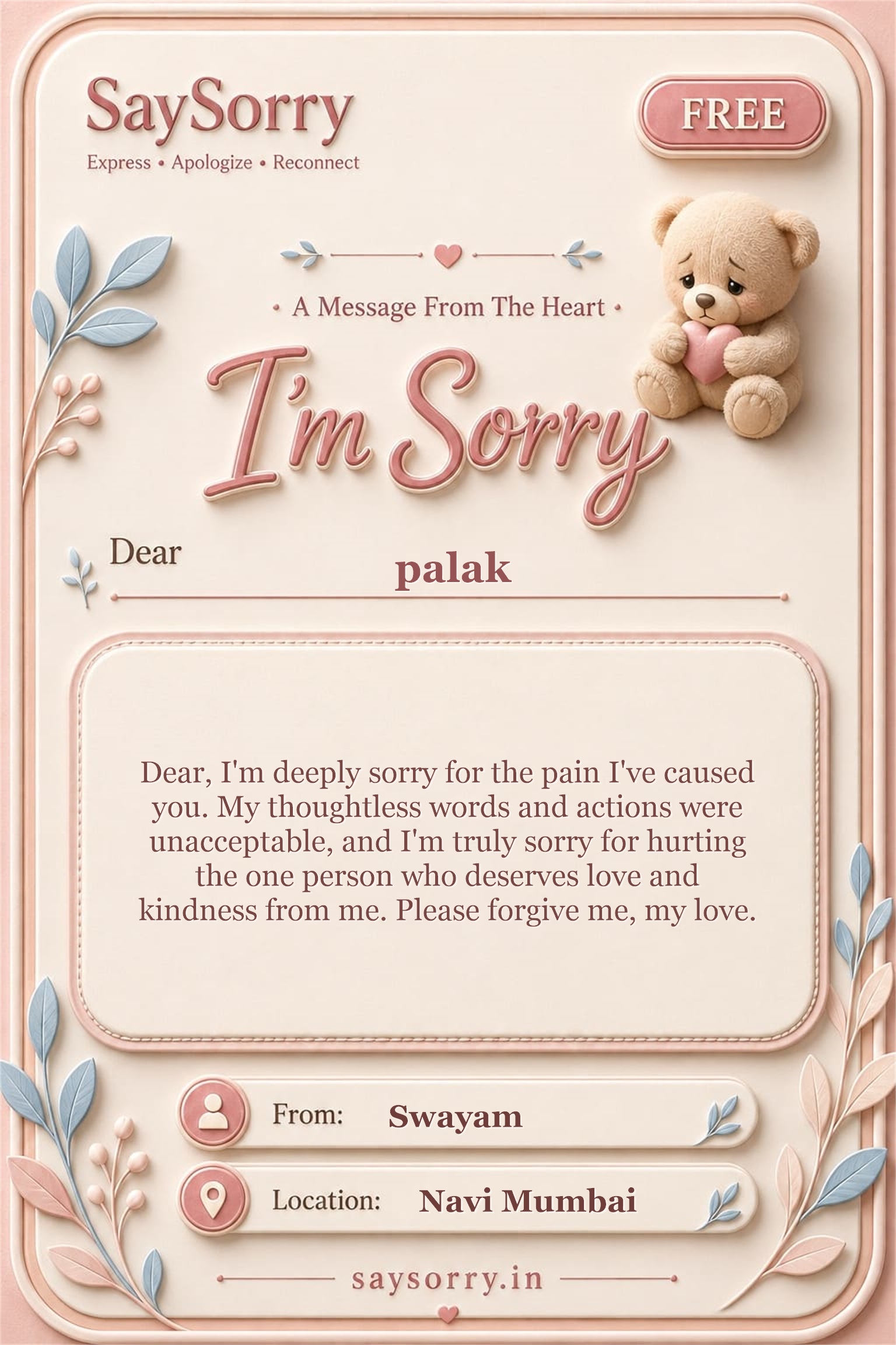 Free personalised sorry card image for palak with a heartfelt apology message