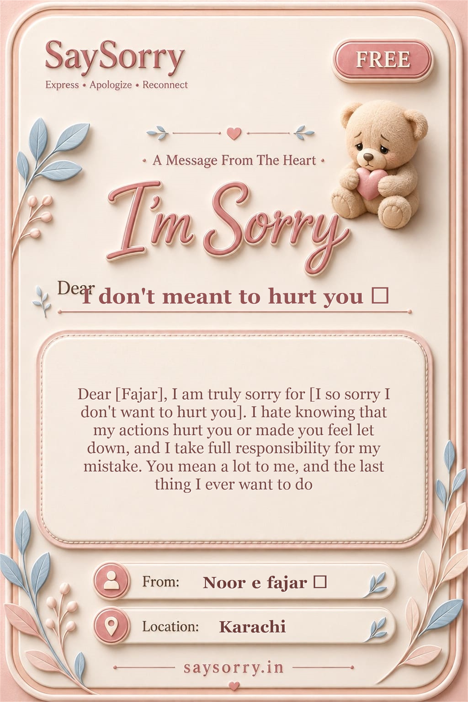 Free personalised sorry card image for I don't meant to hurt you 😭 with a heartfelt apology message
