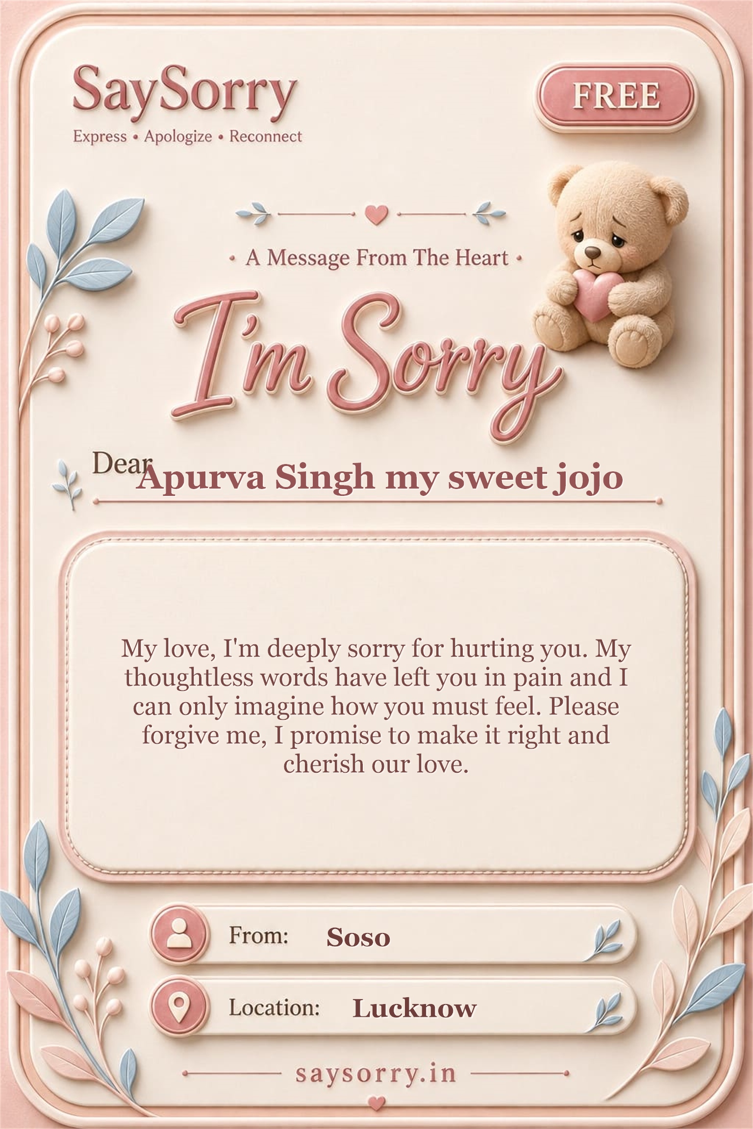 Free personalised sorry card image for Apurva Singh my sweet jojo with a heartfelt apology message