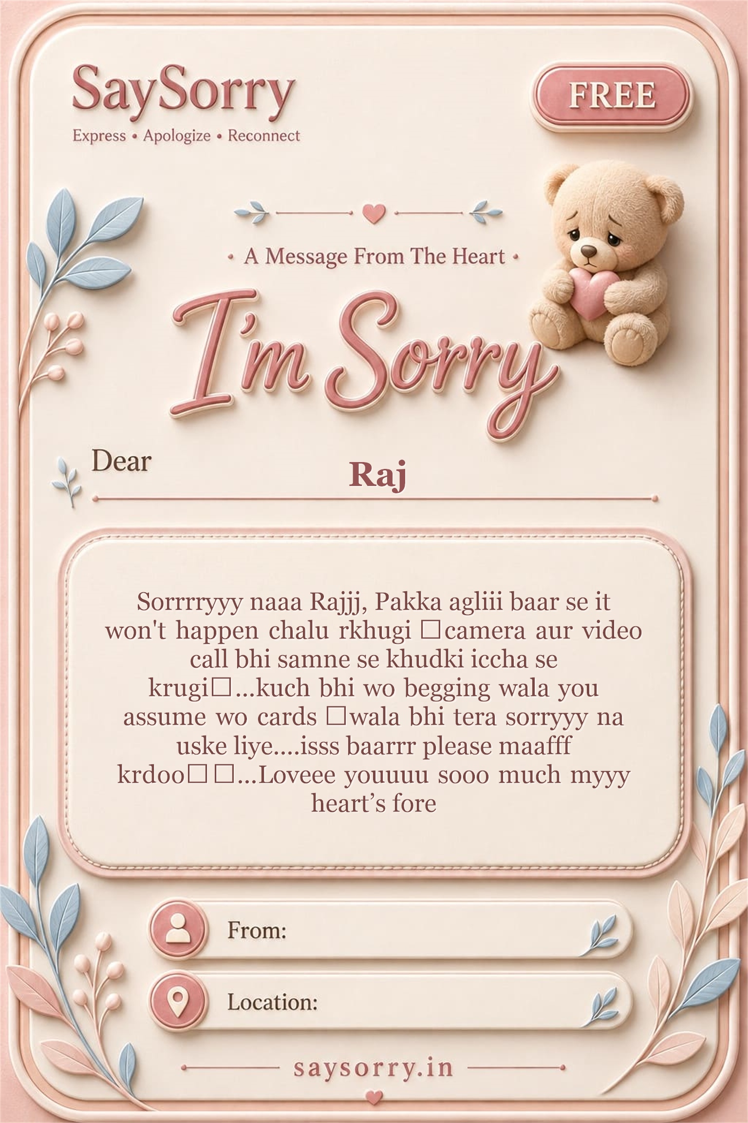 Free personalised sorry card image for Raj with a heartfelt apology message