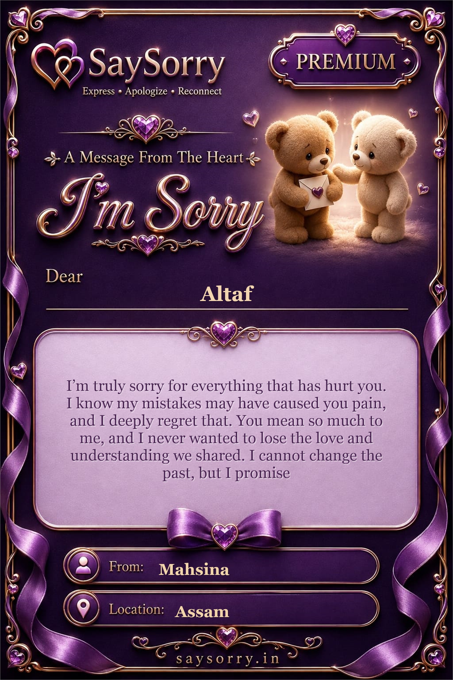 Premium personalised sorry card image for Altaf with a heartfelt apology message