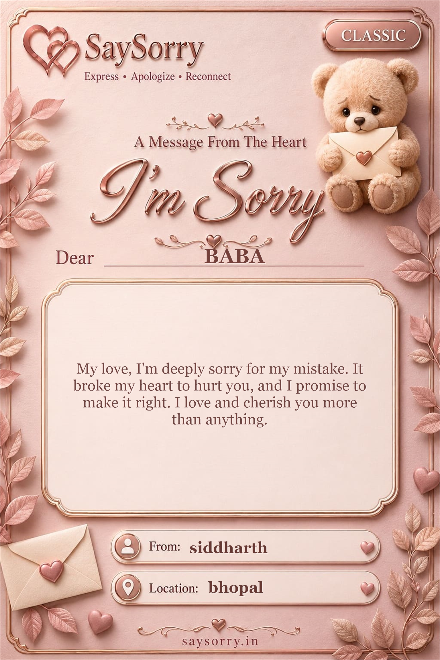 Classic personalised sorry card image for BABA with a heartfelt apology message