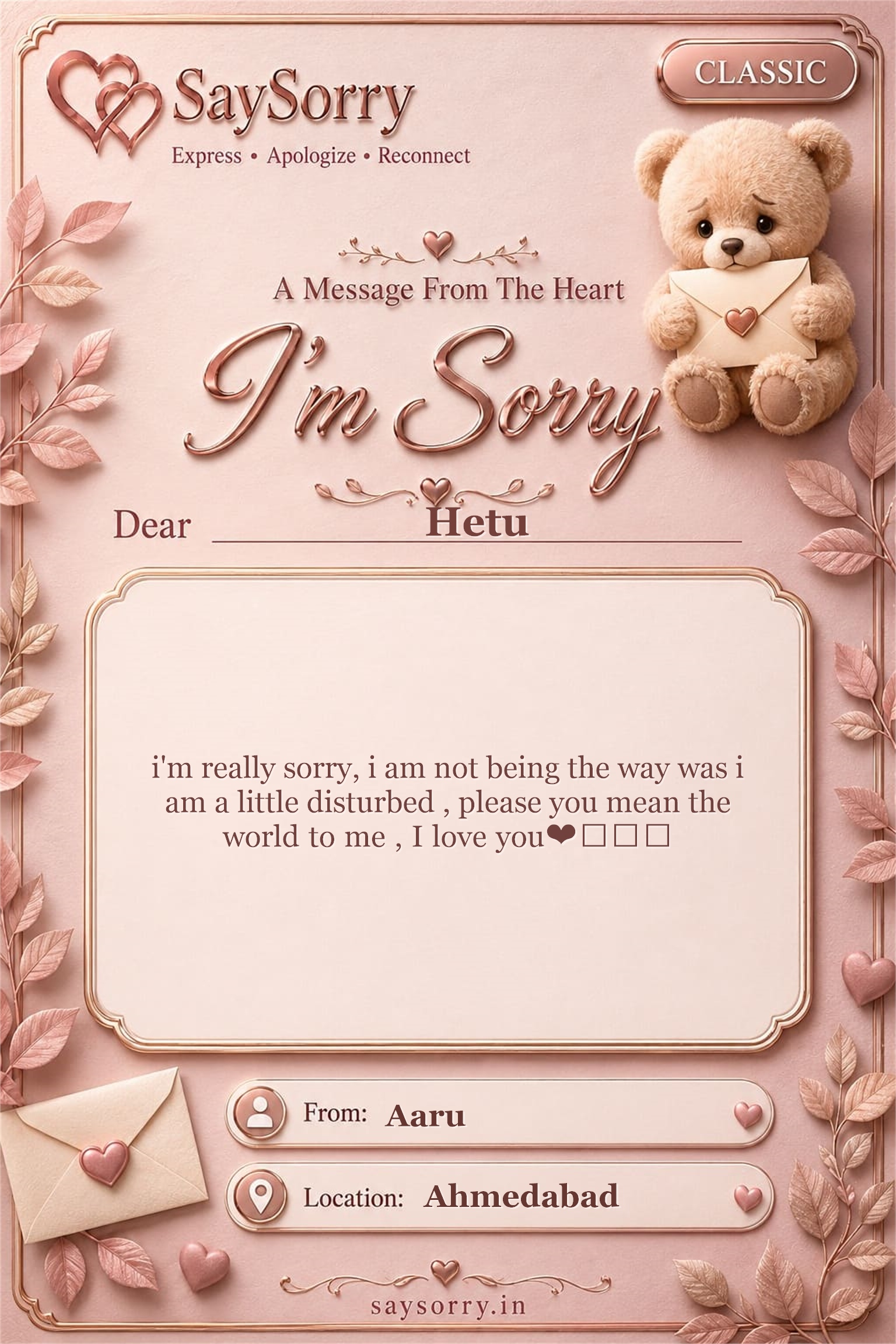 Classic personalised sorry card image for Hetu with a heartfelt apology message