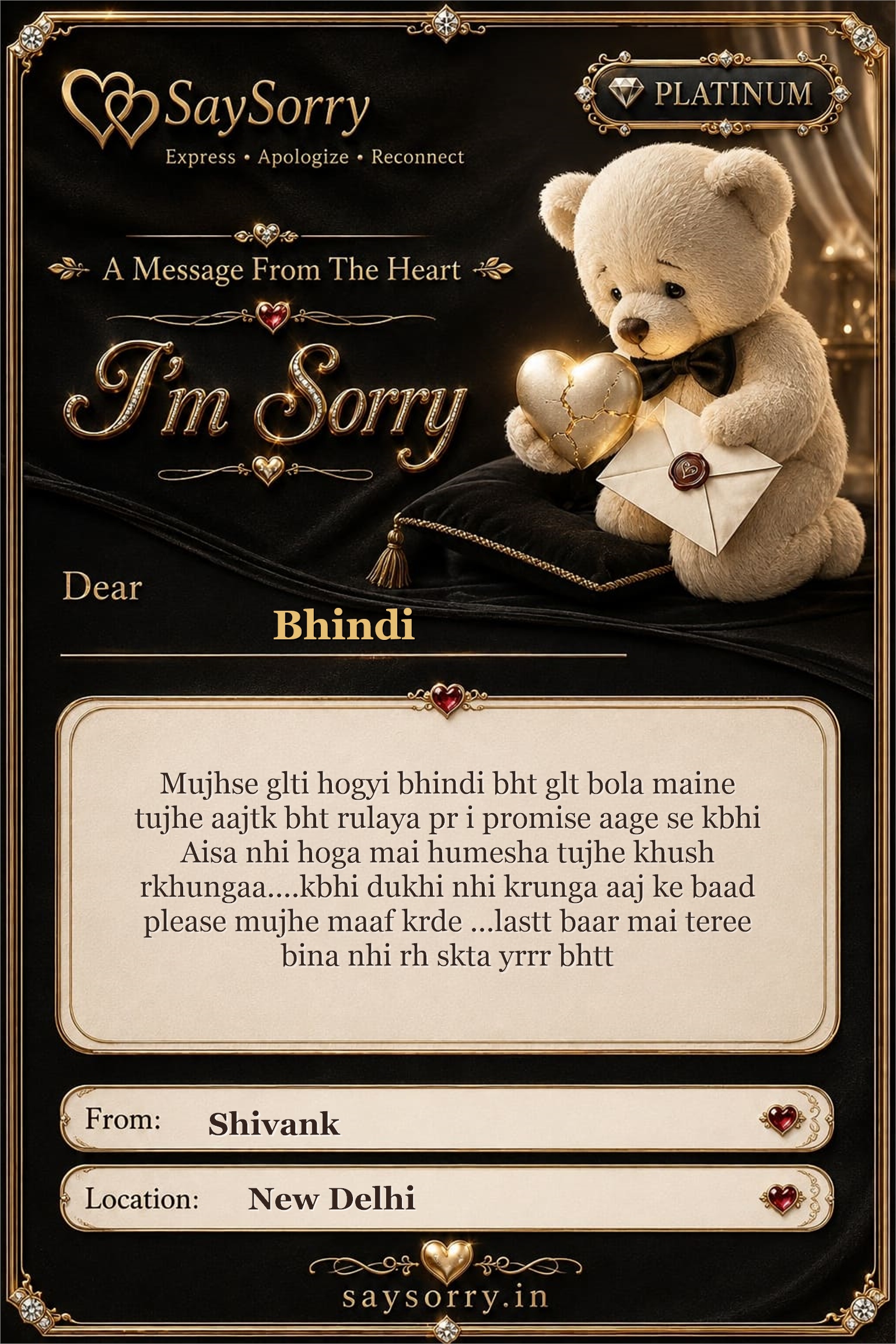 Platinum personalised sorry card image for Bhindi with a heartfelt apology message