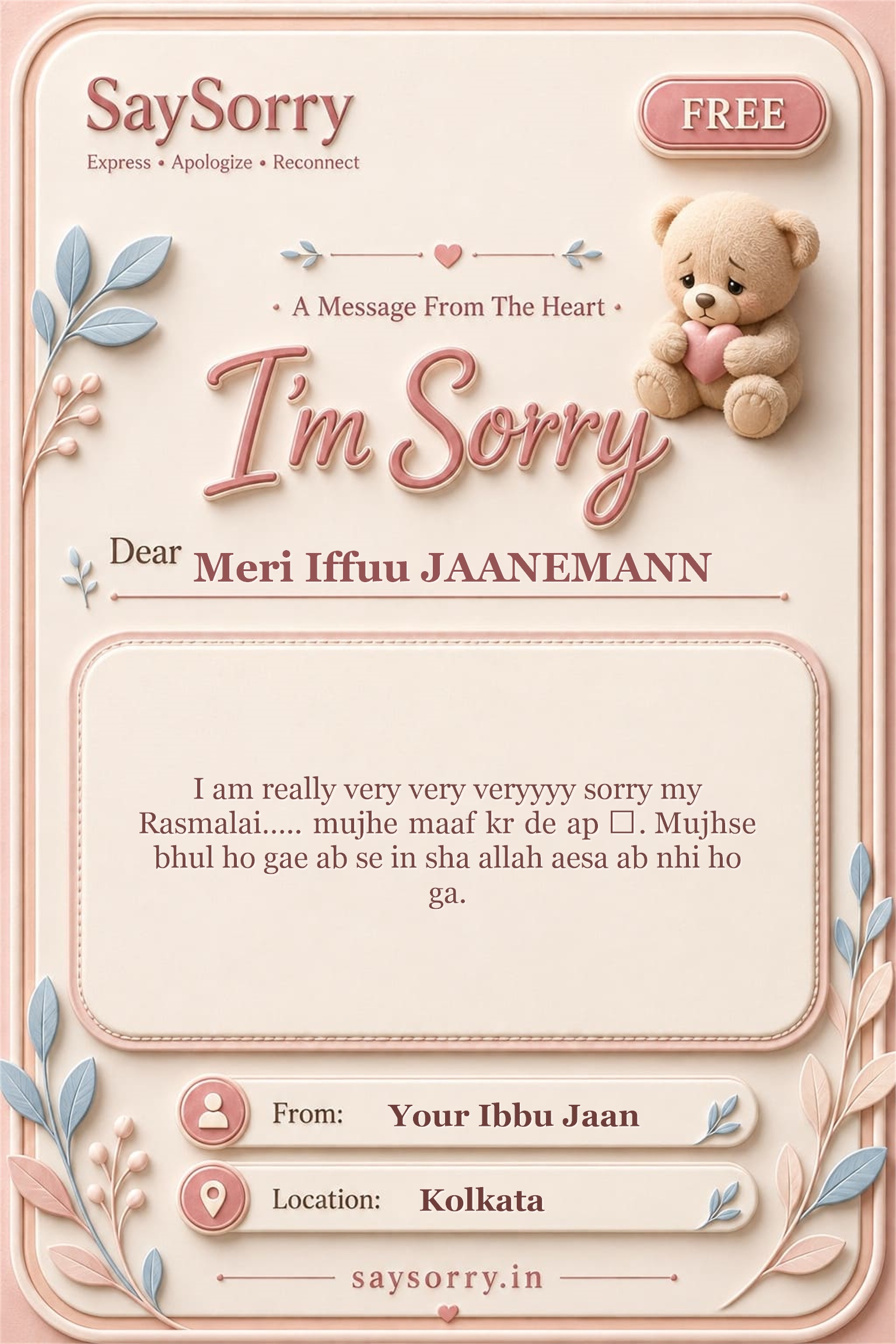 Free personalised sorry card image for Meri Iffuu JAANEMANN with a heartfelt apology message