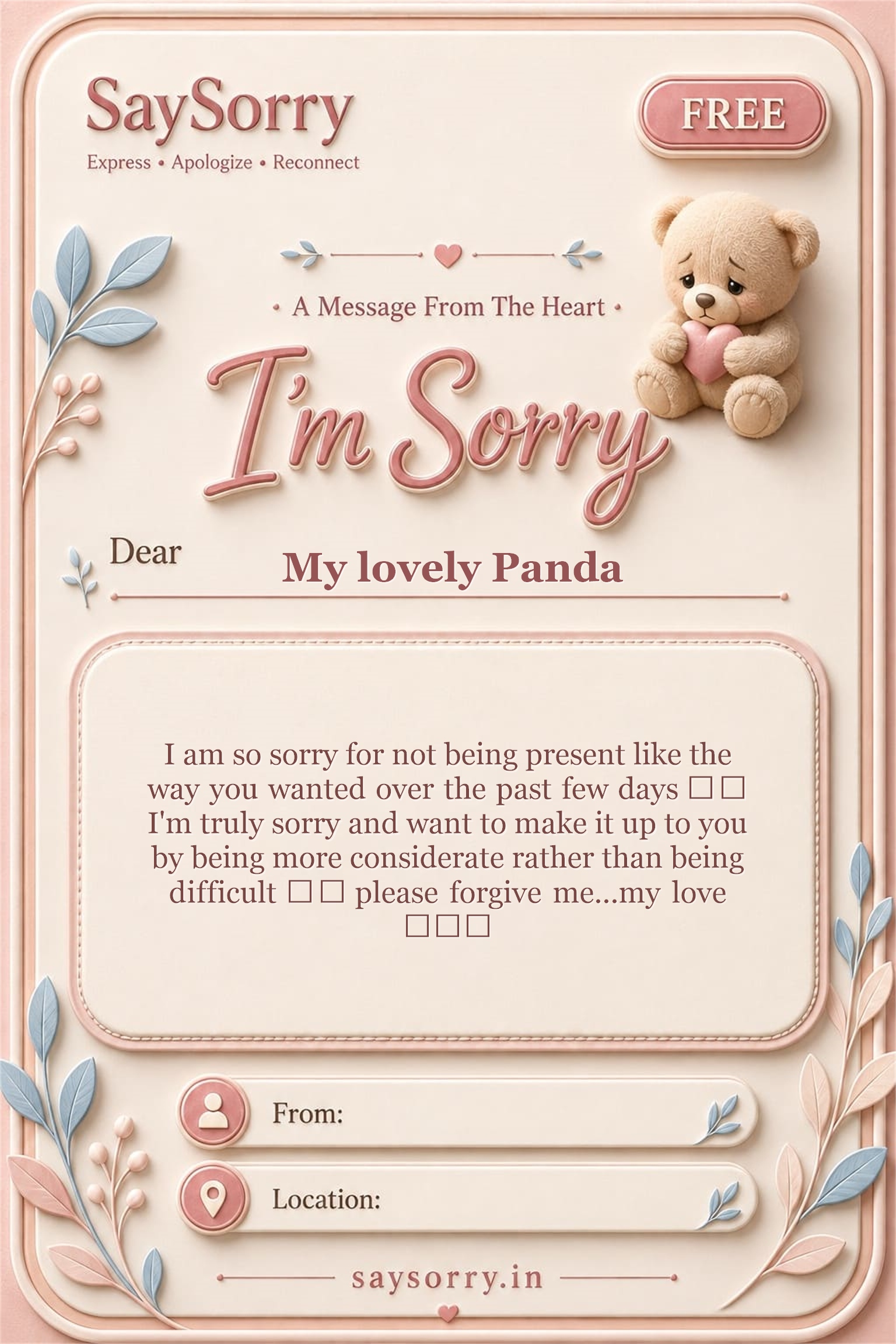 Free personalised sorry card image for My lovely Panda with a heartfelt apology message